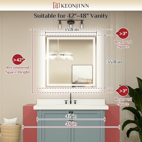 Keonjinn 36" x 36" LED Bathroom Mirror with Lights, HD Tempered Glass | Frontlit and Backlit, Separately Frontlit/Backlit, Double Light Strips, Stepless 3 Colors Light & Dimmable, Fast Defogging - size: 36"L x 36"W