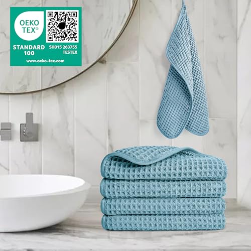 POLYTE 430 GSM Microfiber Lint Free Washcloth Face Towel, 13 x 13 in, 4 Pack (Waffle Weave) - color: Green