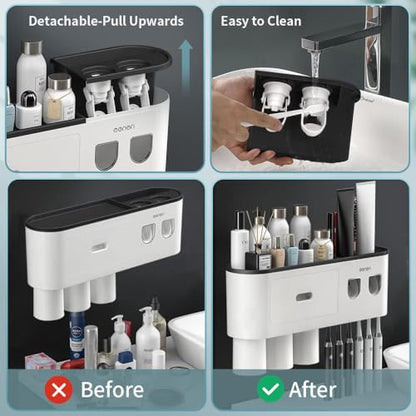 Toothbrush Holders Wall Mounted, Toothbrush Holder with Automatic Toothpaste Dispensers, 6 Brush Slots, 3 Magnetic Cups,1 Cosmetic Drawer Organizer and 1 Large Storage Tray - size: Black 3 Cups