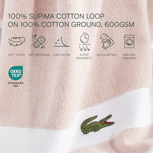 Lacoste Sport Stripe 6-Piece Luxury Cotton Towel Set – Made with 100% Soft Supima Cotton, Absorbent & Quick-Drying, Includes 2 Bath Towels, 2 Hand Towels, 2 Washcloths, Light Pink - color: Light Pink