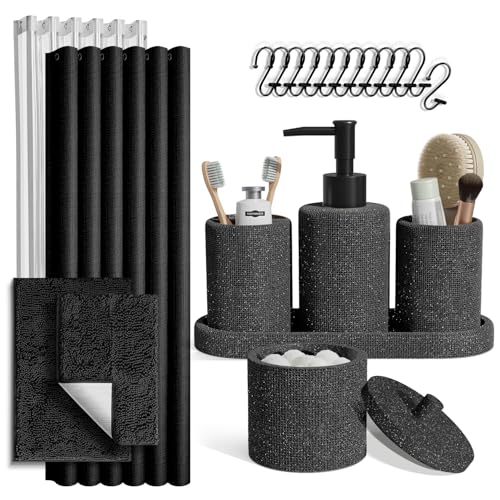 Clara Clark Coal Black Bathroom Set - Bathroom Sets with Shower Curtain and Rugs, 21PC Bathroom Accessory Set, Shower Curtain Set with Soap Dispenser & Toothbrush Holder - color: Coal Black, size: Complete Set + Bath Rugs