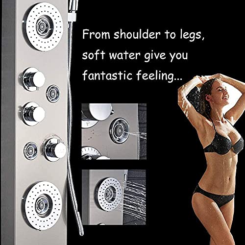 Bathroom Shower Panel Tower System LED Temperature Display Body Massage Jets Shower Set Waterfall Rain Shower Head 6 Functions Temperature Display-Brushed Nickel A