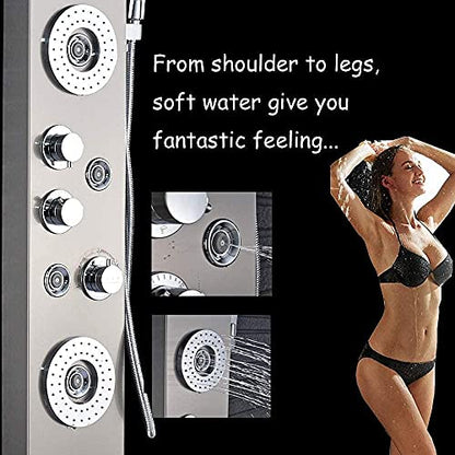 Bathroom Shower Panel Tower System LED Temperature Display Body Massage Jets Shower Set Waterfall Rain Shower Head 6 Functions Temperature Display-Brushed Nickel A