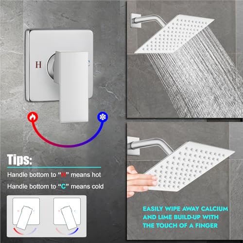 Heyalan 8 Inch Square Rain Shower Faucet Set with Valve, Polished Chrome | Female-thread 1/2-inch NPT connections, SUS304 shower head, brass rough-in valve, single-handle control Shower Set - color: Chrome, size: 8 Inch Square Shower Head