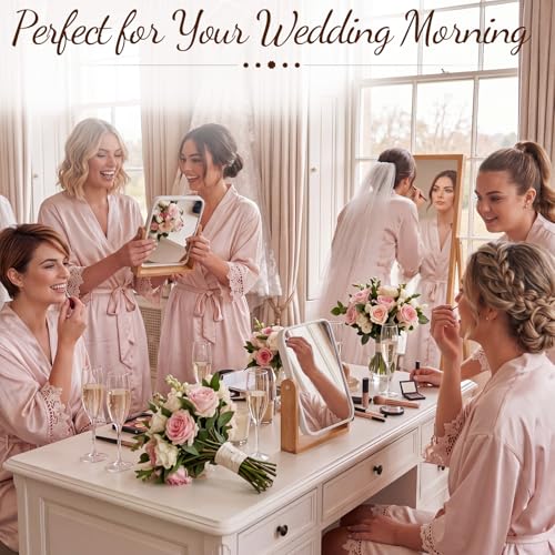 6 Pack Bridesmaid Gifts Double Sided Makeup Mirror, Wedding Favors 1X/3X Magnifying Vanity Mirrors with Bamboo Stand, 360 Degree Swivel Portable Tabletop Mirror for Women Bridal Shower