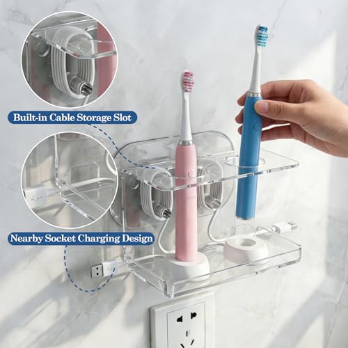 Electric Toothbrush Holder Wall Mounted,Acrylic Tooth Brush Holder for Bathroom, Electric Toothbrush Organizer with Cable Organizer for Shower,Clear