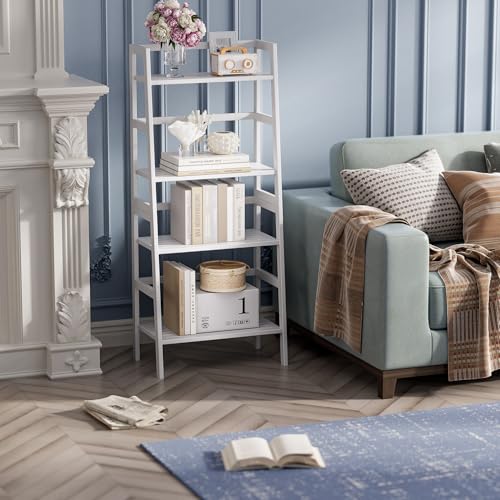 HITNET White Ladder Bookshelf, Leaning Bookcase, 4-Tier Bamboo Shelf, Floor Standing Storage Shelving Unit, Open Display Book Shelves - color: White