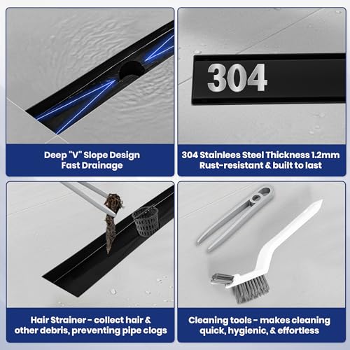 Linear Shower Drain 24 inch Matte Black with 2-in-1 Flat & Tile Insert Cover - 304 Stainless Steel Shower Floor Drain - Linear Drain with Reversible Cover & Hair Catcher - Includes Cleaning Tools - color: Matte Black