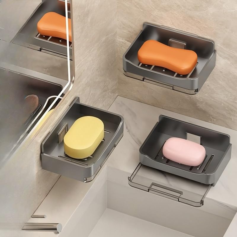 Black Wall Mounted Soap Dish for Shower No Punching Soap Box with Drain Tray and 2 Hooks Bathroom Soap Rack with Hook Double Drain Soap Dish