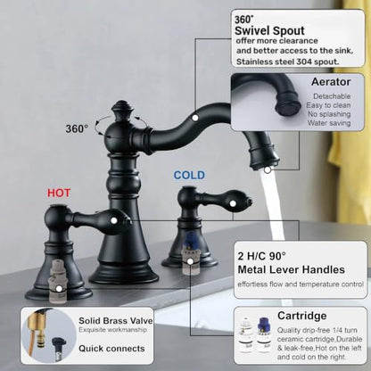 Matte Black 2-Handle 8 Inch Widespread Bathroom Faucet, 3 Holes | Derengge Traditional Widespread Sink Faucet, With Pop-Up Drain 360° Swivel Stainless Steel Spout,F-8805P-MT - color: Matte Black