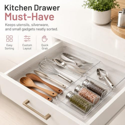10 Pack Large Drawer Organizer Bins - Clear Plastic Bathroom Drawer Organizer Trays - Heavy Duty Kitchen Drawer Dividers for Utensils - Non-Slip Storage Bins for Makeup, Bedroom, Office Desk - size: 10 Pack