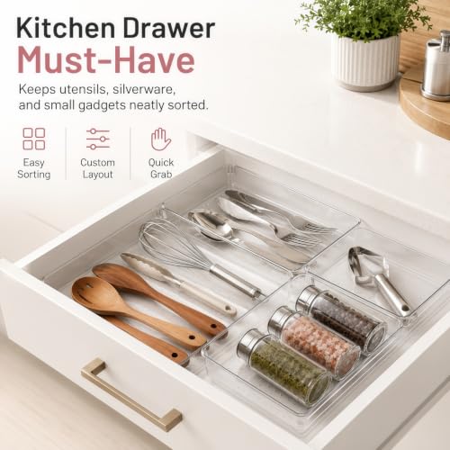 8 Pack Large Clear Plastic Drawer Organizer Bins - Acrylic Bathroom Drawer Organizer Trays - Heavy Duty Kitchen Drawer Dividers for Utensils - Non-Slip Storage Bins for Makeup, Bedroom, Office Desk - size: 8 Pack