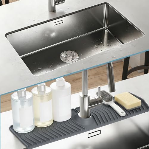 Extra Long Silicone Faucet Mat, 76cm Double-Sided Drain Pad for Kitchen Sink & Bathroom, Flexible Splash Guard with Center Hole, Non-Slip, Easy to Clean, Fits Most Faucets (Grey) - color: Gray