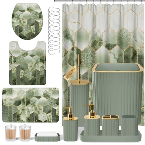 XLHOMO Bathroom Set - 26PC Bathroom Set with Shower Curtain and Rugs, Bathroom Accessory Set, Sage Green Bathroom Accessories Set, Trash Can & Soap Dispenser - style: Sage Green&Gold