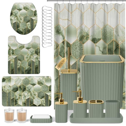 XLHOMO Bathroom Set - 26PC Bathroom Set with Shower Curtain and Rugs, Bathroom Accessory Set, Sage Green Bathroom Accessories Set, Trash Can & Soap Dispenser - style: Sage Green&Gold