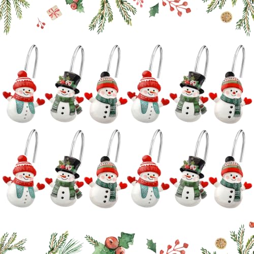 Colingmill 12 Pcs Christmas Snowman Shower Curtain Hooks Xmas Snowman Shower Curtain Hooks Holiday Bathroom Rust Resistant Decor Rings for Winter Bathroom Bedroom Farmhouse Decorations - style: Snowman