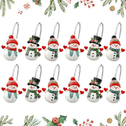 Colingmill 12 Pcs Christmas Snowman Shower Curtain Hooks Xmas Snowman Shower Curtain Hooks Holiday Bathroom Rust Resistant Decor Rings for Winter Bathroom Bedroom Farmhouse Decorations - style: Snowman