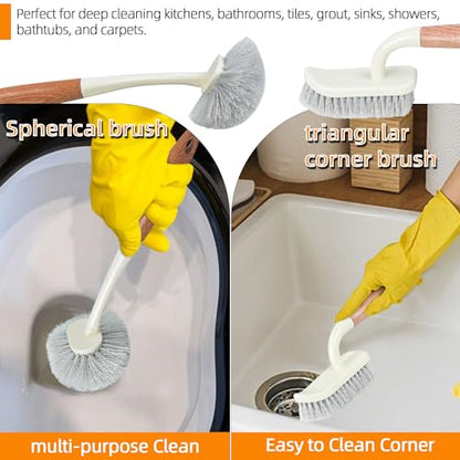 5-Pack Heavy Duty Scrub Brushes Set with Wooden Handles | Multi-Surface Scrubber for Kitchen,Bathroom,Tile & Grout,Includes Spherical,Triangle,Square & Dish Brush for Stubborn Stains
