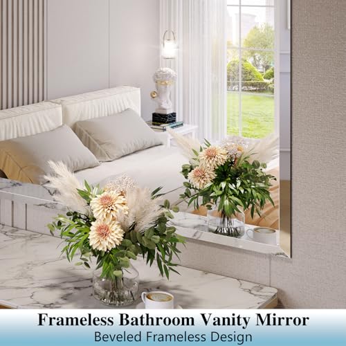 Frameless Bathroom Mirror, 24"x36" Beveled Bathroom Vanity Mirror | 15mm beveled edge, frameless, 5mm HD glass, anti-rust, french cleat, horizontally or vertically, for bathroom/bedroom - size: 24"L x 36"W