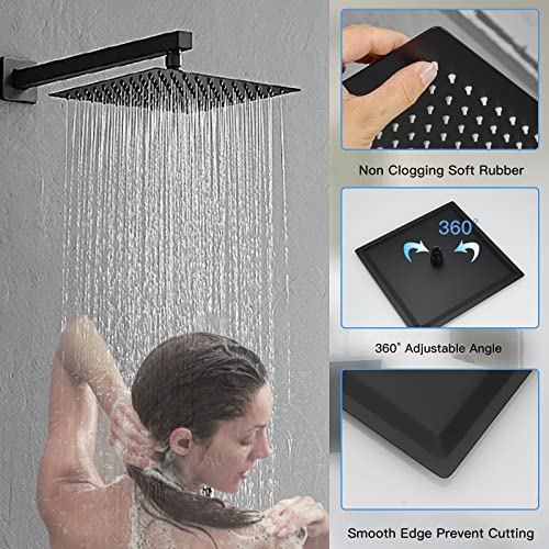 12" Rain Shower System Matte Black Bathroom Luxury Mixer Shower Combo Set | Wall Mounted Rainfall Shower Head Shower Faucet with Handheld Sprayer Rough-in Valve Body and Trim Included by Homevacious