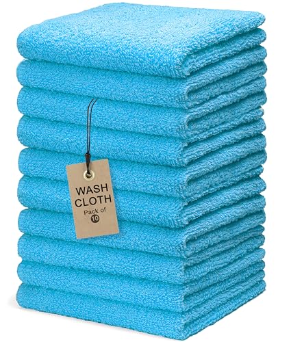 Textila Terry Wash Cloths – Pack of 10, Aqua Blue, 12x12 Inches – Soft, Absorbent & Multipurpose Cotton Washcloths for Face, Hand, Bath, Kitchen, Spa, Gym & Hotel Use - color: Aqua Blue