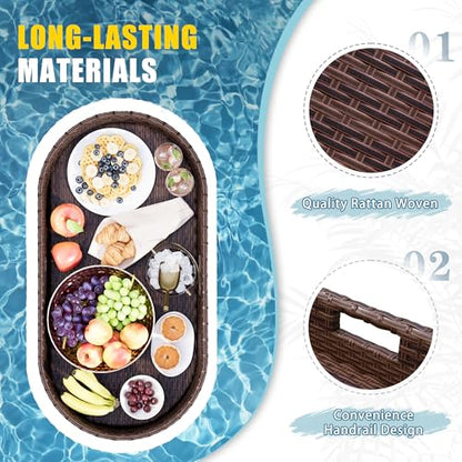 Devoko Pool Floating Tray 38”x20” Wicker Swimming Pool Drink Holders, Brown | Large Oval Portable Serving Tray with Handles Wicker Swimming Pool Bar Accessories Floating Table for Adults, Spas, Parties - color: Brown