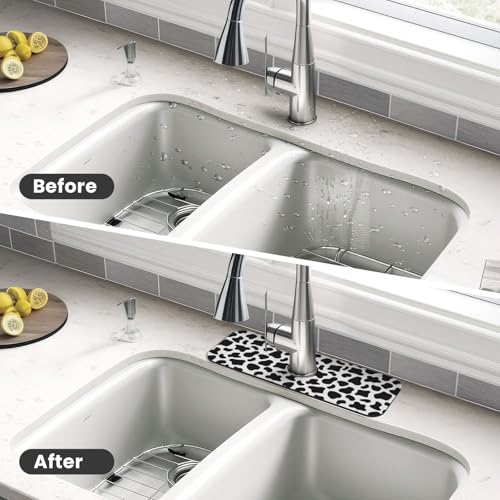 Cow Dalmatian Skin Print Black And White Kitchen Sink Splash Guard Faucet Mat Super Absorbent Fast Drying Mat Sink Gadgets-Fast Drying Pad Sink Mat For Kitchen Bathroom (15" X 5.5" ) - color: Cow Black And White