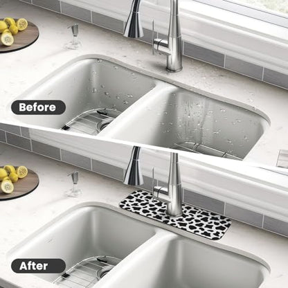 Cow Dalmatian Skin Print Black And White Kitchen Sink Splash Guard Faucet Mat Super Absorbent Fast Drying Mat Sink Gadgets-Fast Drying Pad Sink Mat For Kitchen Bathroom (15" X 5.5" ) - color: Cow Black And White