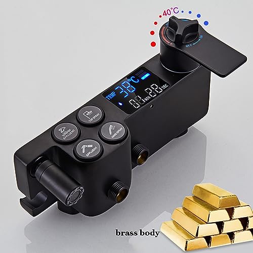 Thermostatic Shower Set Black Digital Display Rainfall Shower System, 4 Function Exposed Shower Faucet Set Brass Bathtub Faucet Wall Mounted Shower Fixture with Height Adjustable Shower Rod