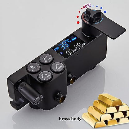 Thermostatic Shower Set Black Digital Display Rainfall Shower System, 4 Function Exposed Shower Faucet Set Brass Bathtub Faucet Wall Mounted Shower Fixture with Height Adjustable Shower Rod