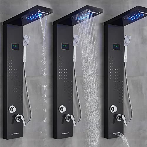 Black Shower Panel Tower System Led Rain Head Combination Massage Body Jets Faucet Shower Column