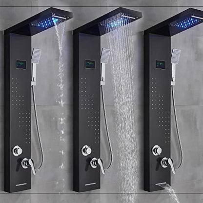Black Shower Panel Tower System Led Rain Head Combination Massage Body Jets Faucet Shower Column