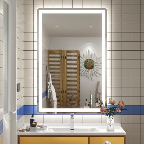 SMIROR 24x36 LED Lighted Bathroom Vanity Mirror with Lights for Wall | Front Lit and Backlit, Rounded-Corner Rectangle, 3 Color, Anti-Fog, Memory, Tempered Glass, UL, Horizontally/ Vertically - color: Frameless, size: 36"L x 24"W