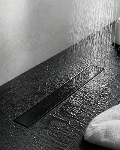 24 Inch Matte Black Linear Shower Drain | CUPC Certified 2-in-1 Tile Insert for Curbless Showers. 304 Steel, 15.8GPM Flow. Includes Hair Catcher & Adjustable Feet. - color: Matte Black, size: 24in