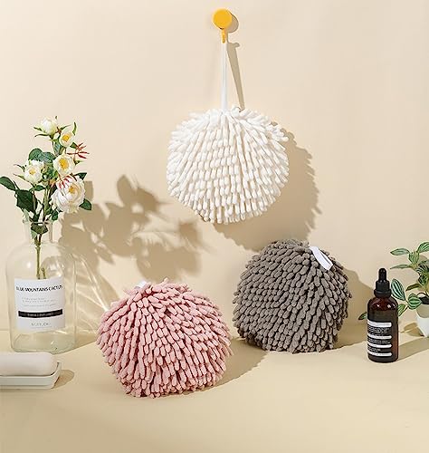 Ivymei 3 Pack Fuzzy Chenille Hand Towels Ball,Hanging Hand Towel with Loop for Kitchen Bathroom,Quick Dry Absorbent Hand Bath Towel(Pink) - color: Pink