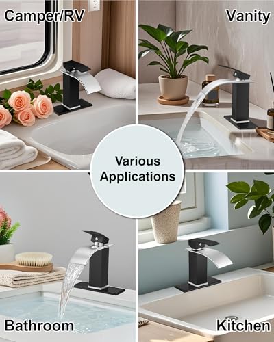 Midanya Waterfall Bathroom Faucet 1 Hole,Brushed Nickel Spout/Matte Black | with 24” Hoses,Pop Up Drain,6” Deck Plate,for 1 or 3 Hole Vanity,Lavatory,RV,Single Handle Bathroom Sink Faucet,NSF Certified - color: Nickel Spout/Black