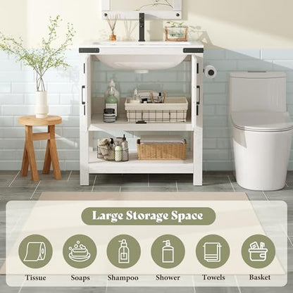 AMERLIFE 24" White Farmhouse Bathroom Vanity with Sink and Open Shelf | Antique White, Single Solid White Integrated Top, Moisture-Resistant MDF, Barn Doors, Open Shelf, Paper Towel Holder - color: Antique White, size: 24“