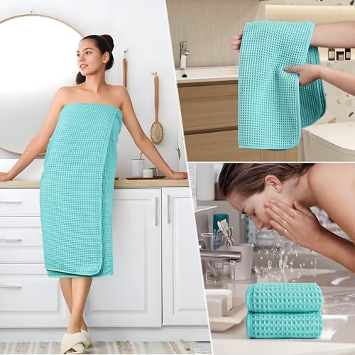 POLYTE 430 GSM Poly Blend Microfiber Quick Dry Waffle Bath Towel Set of 6 | 2-Body Towels, 2-Hand Towels, 2-Wash cloths, Oversize, Lint Free - color: Aqua