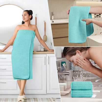 POLYTE 430 GSM Poly Blend Microfiber Quick Dry Waffle Bath Towel Set of 6 | 2-Body Towels, 2-Hand Towels, 2-Wash cloths, Oversize, Lint Free - color: Aqua