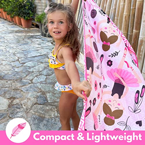 Microfiber Kids Toddler Beach Towel, Quick Dry, Sand Free, 60x30 | Pool towel, ultra-soft, girls and boys, travel pouch, camping travel vacation, toallas playas - color: Ballerina