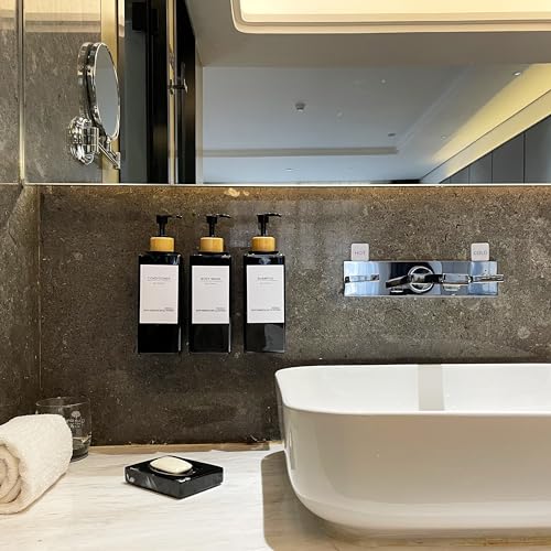 Shampoo and Conditioner Dispenser, No Drill, 16 Waterproof Labels | Shampoo Dispenser for Shower Wall, Shower Soap Dispenser Wall Mounted 3 Chamber, Bathroom, 17oz, Bamboo Black - color: Black Bottle + Bamboo Pump
