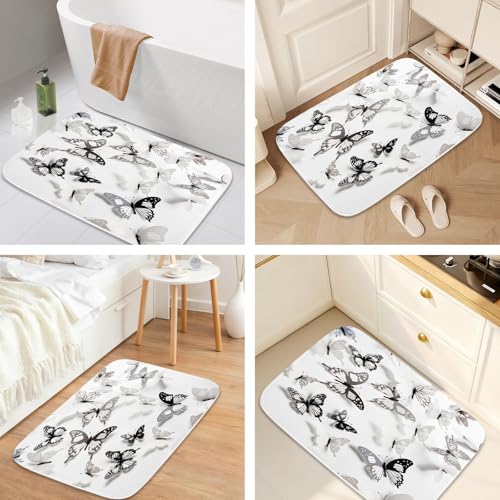 Cute Modern Butterfly Aesthetic Bathroom Rugs and Mats Sets 3 Piece, Memory Foam Bath Mat, U-Shaped Contour Shower Mat Non Slip Absorbent, Velvet Washable 20 x 31 inch Black and White - color: Color16
