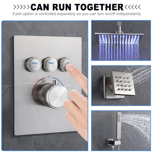 ENGA Thermostatic Shower System with Jets, 12 Inch LED Ceiling Mount Rainfall Shower System with Handheld Spray and 6 Jets (Can Use All Functions At a Time), Brushed Nickel - color: Brushed Nickel, style: Ceiling Mount-6 Jets