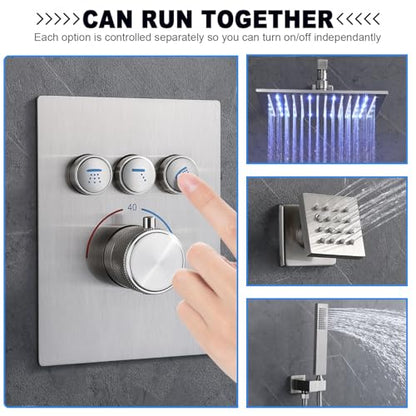 ENGA Thermostatic Shower System with Jets, 12 Inch LED Ceiling Mount Rainfall Shower System with Handheld Spray and 6 Jets (Can Use All Functions At a Time), Brushed Nickel - color: Brushed Nickel, style: Ceiling Mount-6 Jets