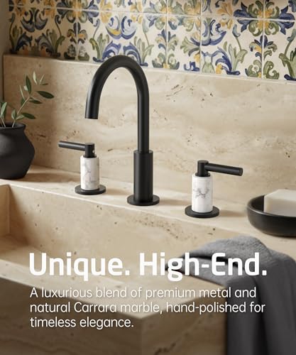 KES Natural Italian Carrara Marble Matte Black Bathroom Faucet 3 Hole with All Metal Pop Up Sink Drain, 8 Inch Widespread Bathroom Sink Faucet for Vanity, 360° Swivel Spout, 18/8 Stainless Steel - color: Matte Black