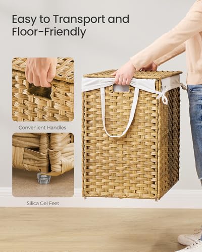 SONGMICS Laundry Hamper with Lid, 52.8 Gallon (200 L) Synthetic Rattan Clothes Laundry Basket with Lid and Handles, Foldable, Removable Liner, Goose Yellow ULCB320Y01 - color: Goose Yellow, size: 200 L