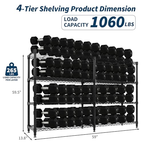 Garvee Metal Storage Shelves 4-Tier, Wire Shelving Rack 59"Wx13.8"Dx59.5"H, | Heavy Duty Load 1060LBS, Adjustable/L-shaped, Wire Rack, for Garage Kitchen Pantry Room Storage, Tool-Free Assembly, Black - size: 59" W x 13.8" D x 59.5" H(4 Tiers)