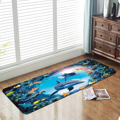 LYFANS Memory Foam Bath Mat, 18" x 47", Dolphin Ocean Print | Non Slip, Absorbent Flannel, Soft Washable, For Bathroom, Kitchen, Entryway, Bedroom - color: Blue Dolphin, size: 47x18 inches