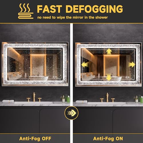 WINNICE 55" x 30" LED Diamond Wall Mirror, Dim & Anti-Fog | Crystal glass, dimmable & anti-fog, mounts vertical/horizontal, ideal for bathroom, bedroom, living room. - size: 30"L x 55"W