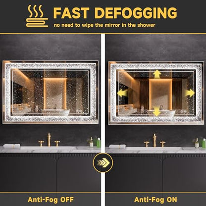 WINNICE 59" x 35" LED Diamond Wall Mirror, Dim & Anti-Fog | Crystal glass, dimmable & anti-fog, mounts vertical/horizontal, ideal for bathroom, bedroom, living room. - size: 59"L x 35"W